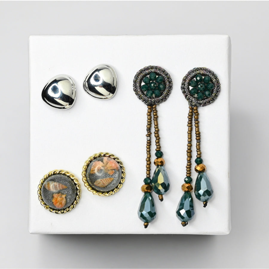 Vintage Chic Earring Combo – Silver Studs, Green Beaded Drops & Floral Accents