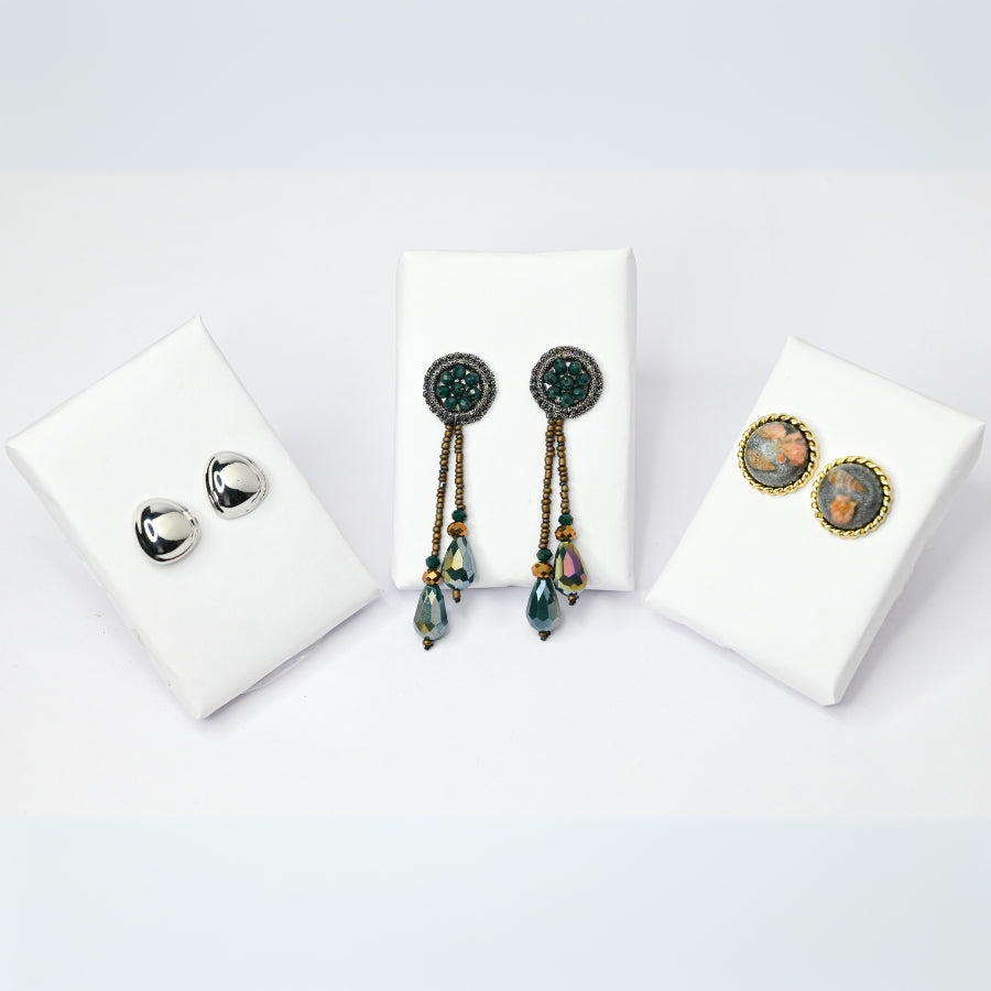 Vintage Chic Earring Combo – Silver Studs, Green Beaded Drops & Floral Accents