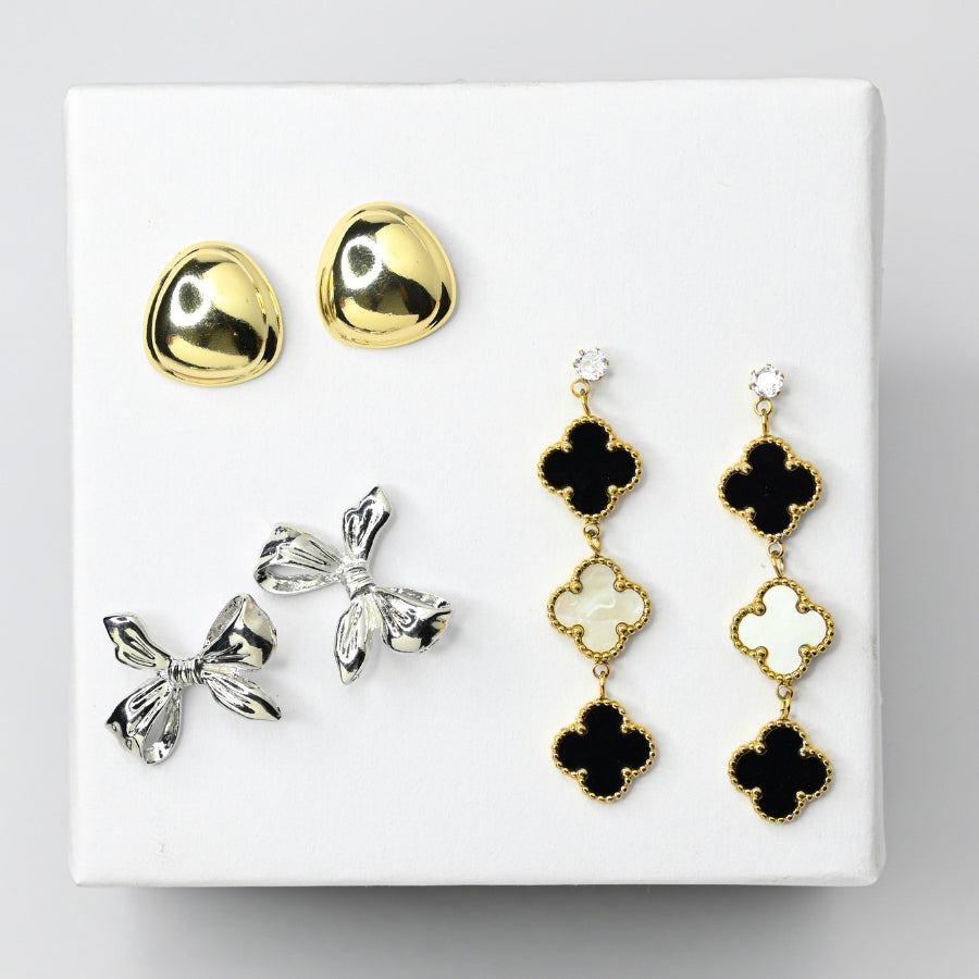 Elegant Charm Earring Set – Black & White Clover, Silver Bow & Gold Studs