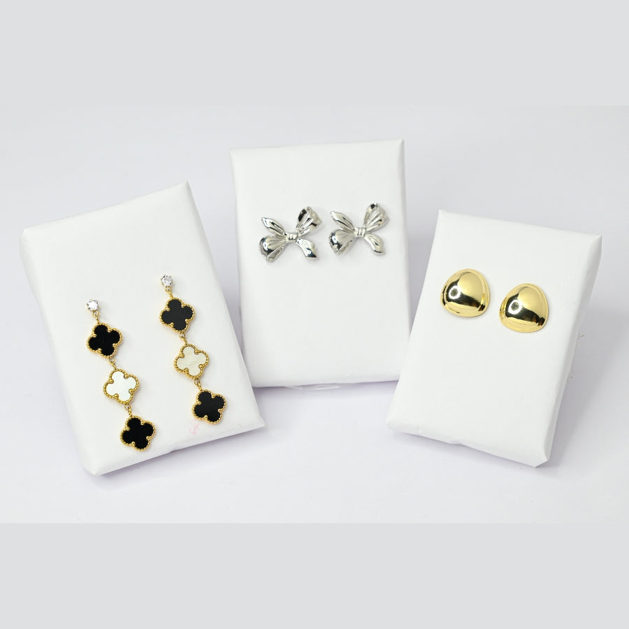 Elegant Charm Earring Set – Black & White Clover, Silver Bow & Gold Studs