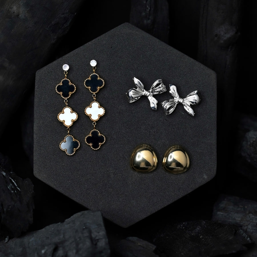 Elegant Charm Earring Set – Black & White Clover, Silver Bow & Gold Studs