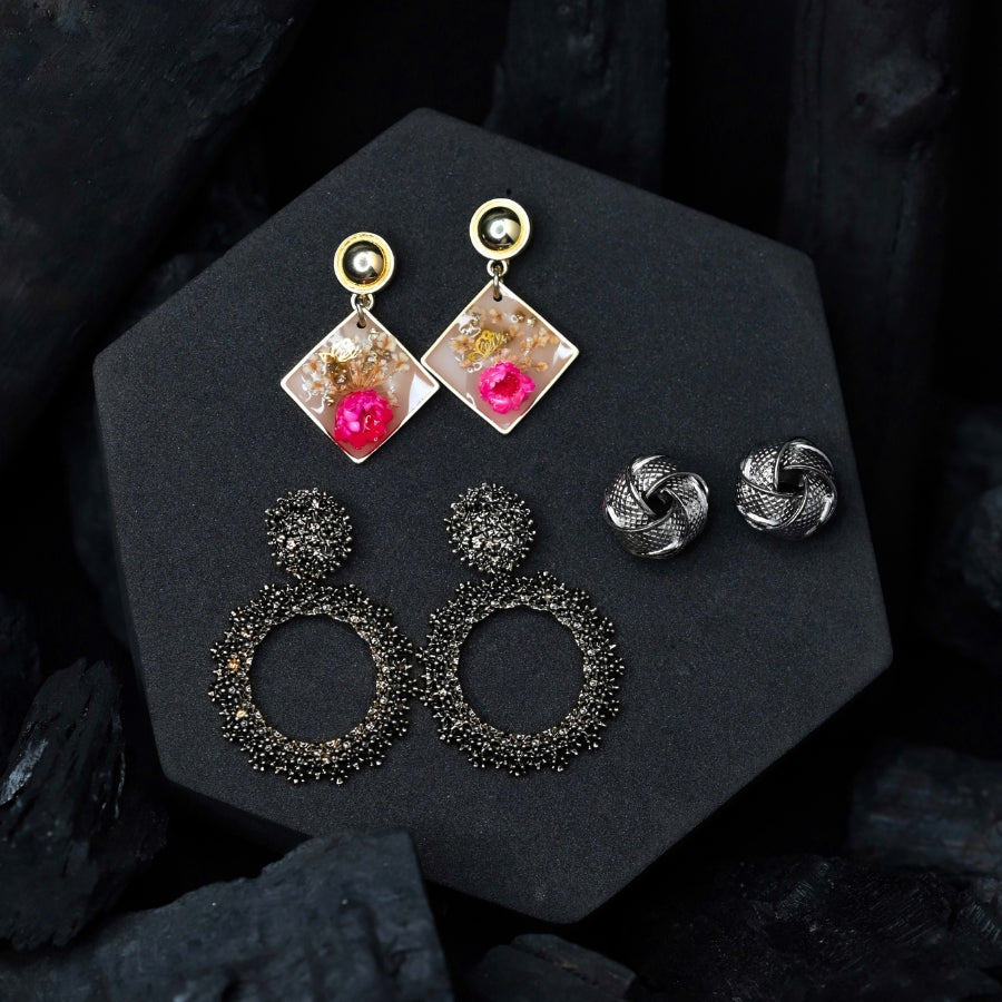 Timeless Elegance Earring Set – Floral Resin, Silver Knot & Black Textured Hoops