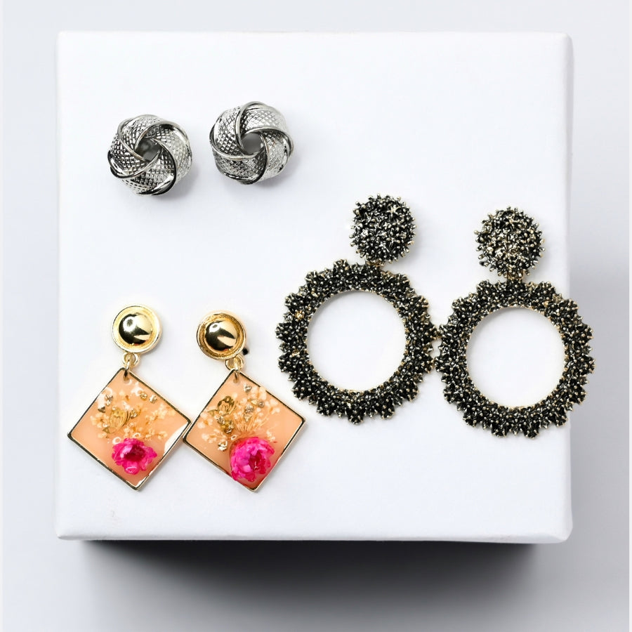 Timeless Elegance Earring Set – Floral Resin, Silver Knot & Black Textured Hoops