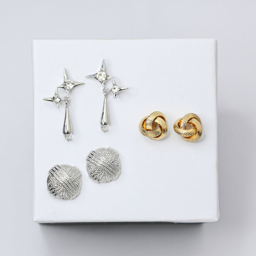 Elegant Textured & Knot Earring Set – Silver, Gold & Crystal Drop