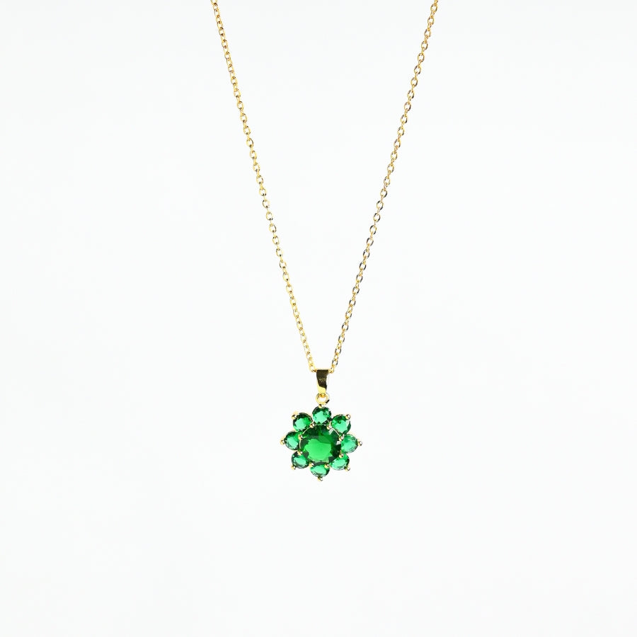 Gold-Plated Green Stone Floral Pendant Necklace – Elegant & Timeless