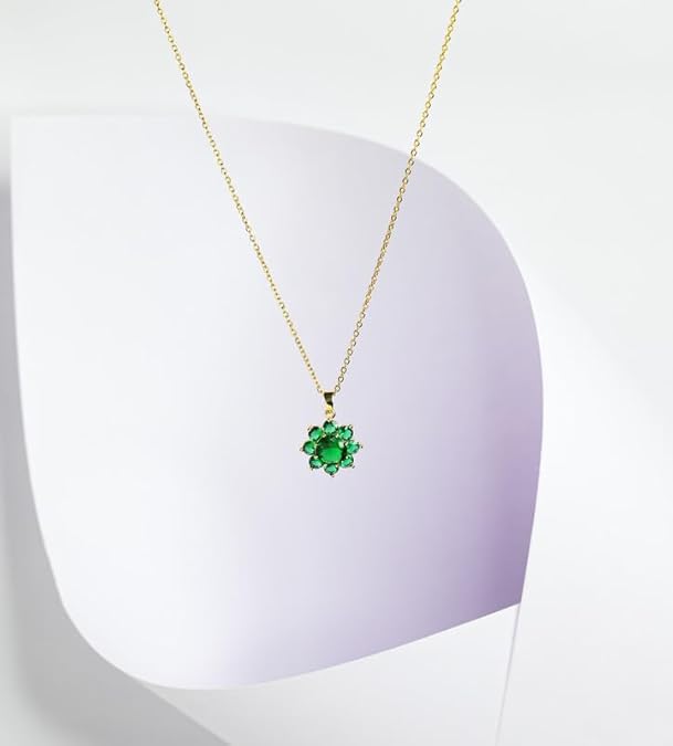 THE ELLE TOUCH Little Green Flower Pendant Sterling Silver with Metal Chain for Women Floral Pendant Charm Jewelry With Stones Dainty Jewellery Neck Piece for Women for All Occasion Gift for Her