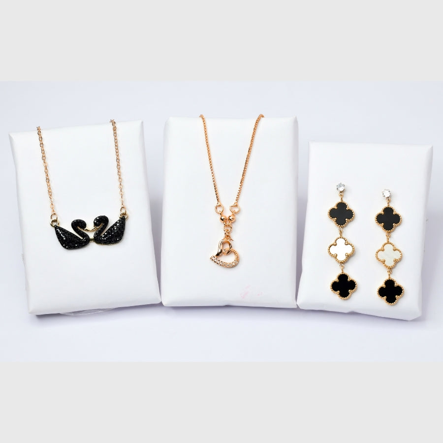 Elegant Black & Gold Jewelry Set – Swan Necklace, Heart Pendant & Clover Earrings