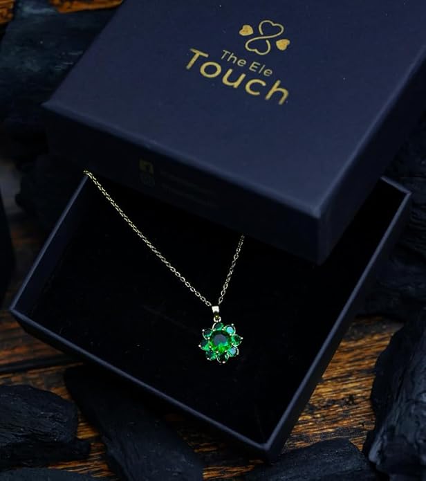 THE ELLE TOUCH Little Green Flower Pendant Sterling Silver with Metal Chain for Women Floral Pendant Charm Jewelry With Stones Dainty Jewellery Neck Piece for Women for All Occasion Gift for Her