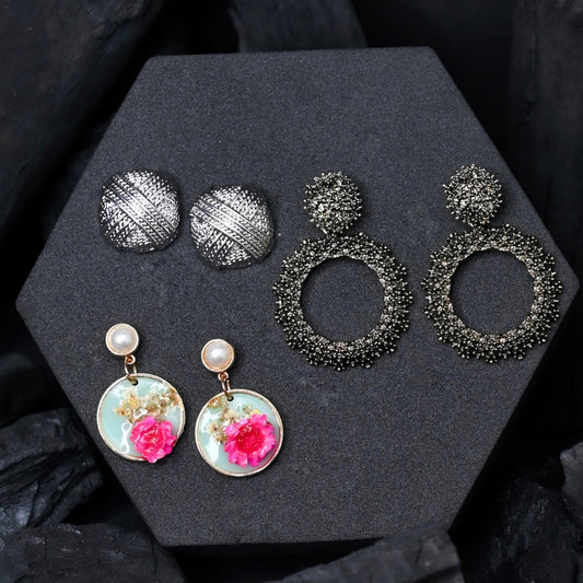 Stylish Earring Set – Floral Resin, Black Crystal Hoops & Textured Silver Studs