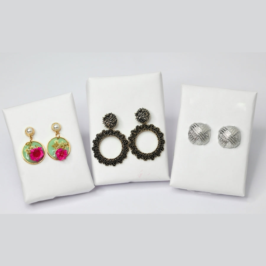 Stylish Earring Set – Floral Resin, Black Crystal Hoops & Textured Silver Studs