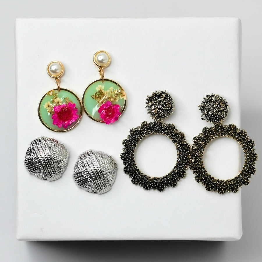 Stylish Earring Set – Floral Resin, Black Crystal Hoops & Textured Silver Studs