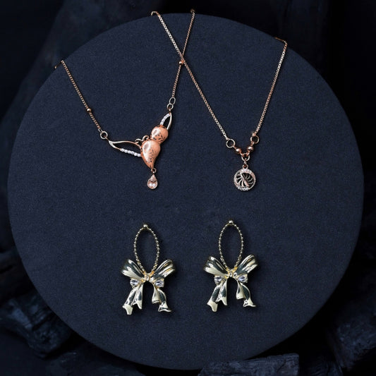 Golden Bow Earrings & Layered Pendant Necklace Set