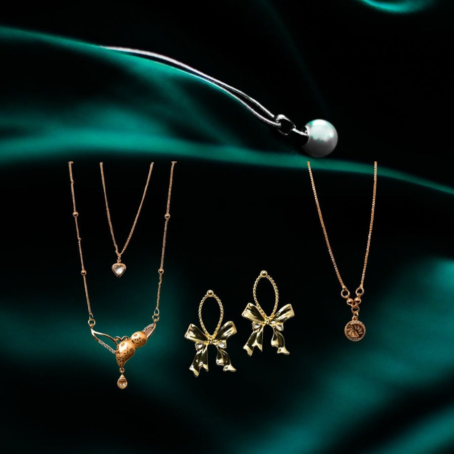 Golden Bow Earrings & Layered Pendant Necklace Set