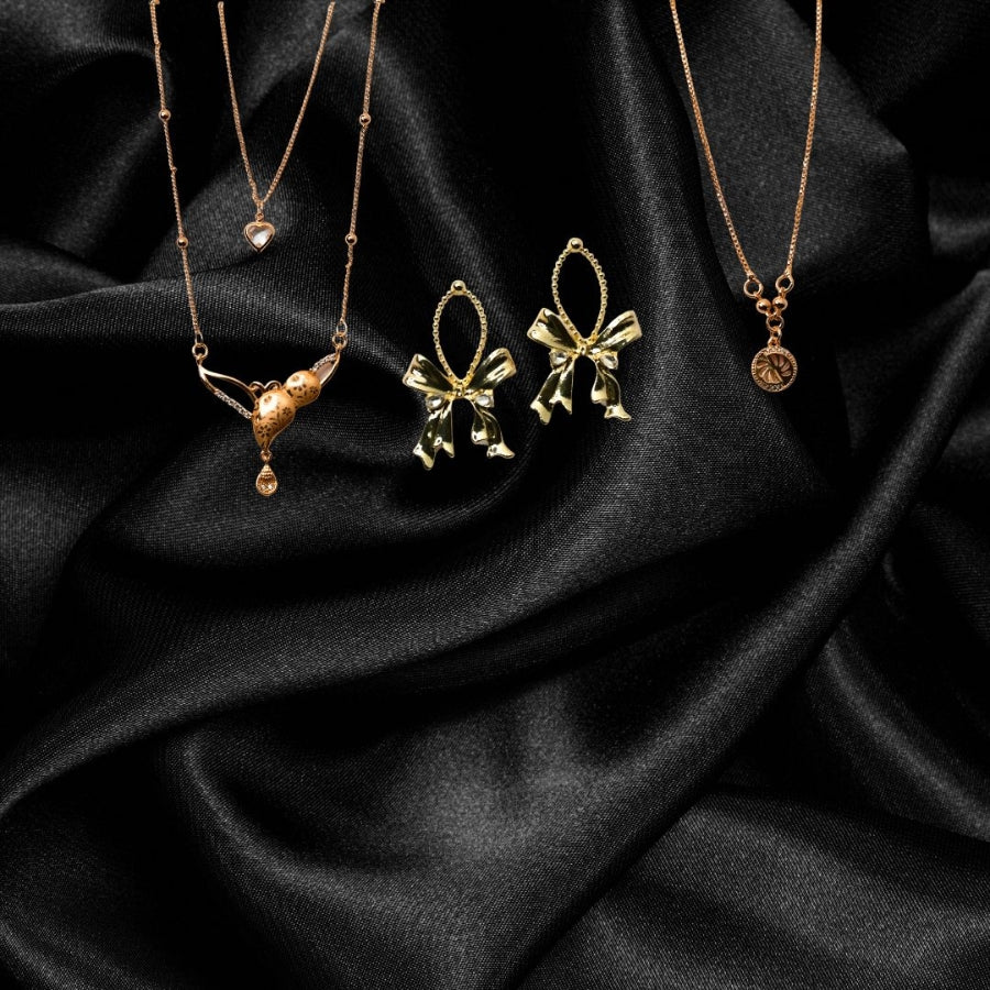 Golden Bow Earrings & Layered Pendant Necklace Set