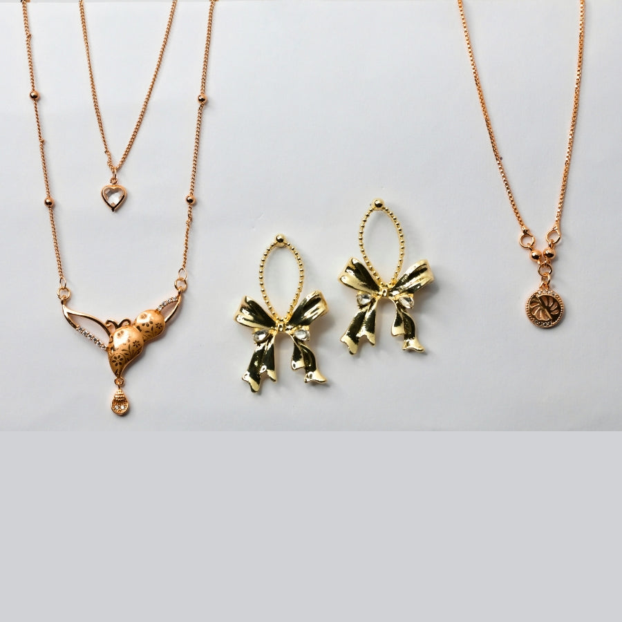 Golden Bow Earrings & Layered Pendant Necklace Set