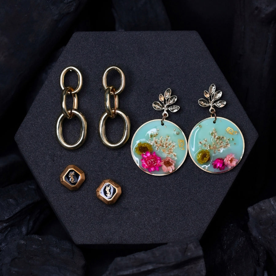 Elegant Mixed-Style Earring Set – Floral Resin, Chunky Gold & Hexagonal Studs