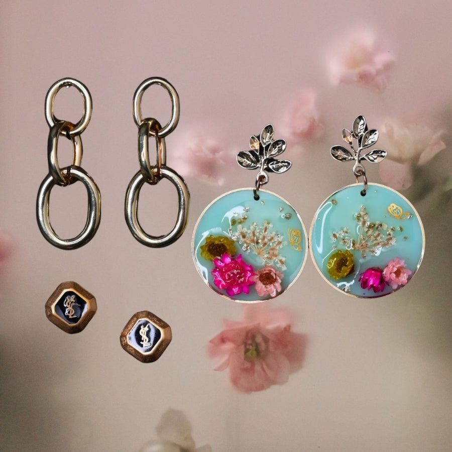 Elegant Mixed-Style Earring Set – Floral Resin, Chunky Gold & Hexagonal Studs