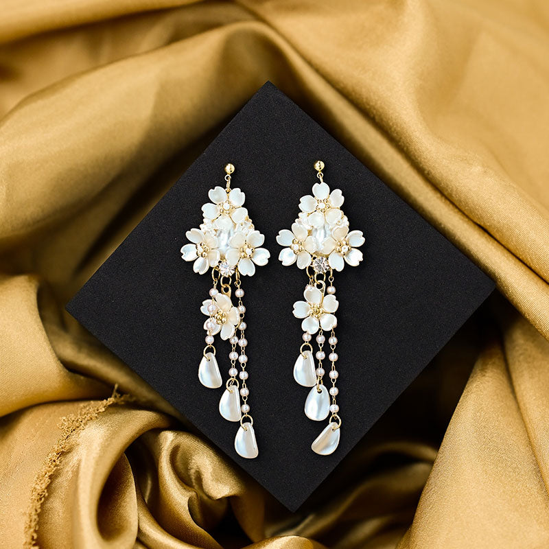 Half Hoop White Flower Studded with Pearl Dangle Earrings