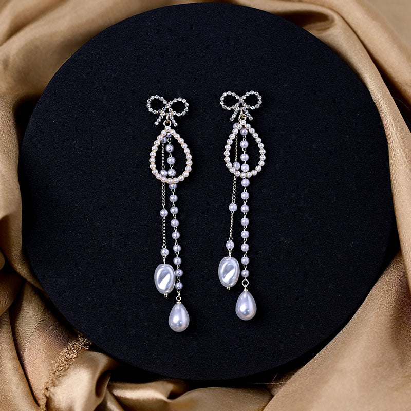 Pearl Shaped Hollow Earring with Long Beaded Chain