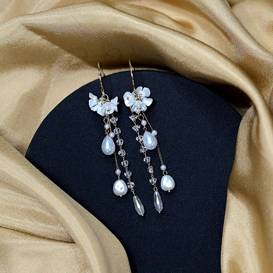 White Flowers Studded with Pearl Dangle Earrings